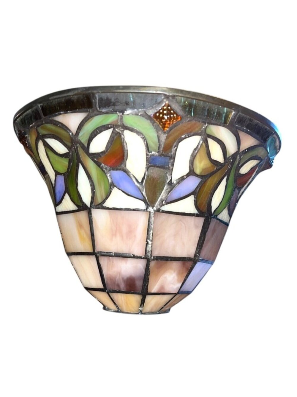Vtg Tiffany Style Stained Glass Bell Lamp Shade 9"x6" Geometric & Floral Motifs - Picture 2 of 5